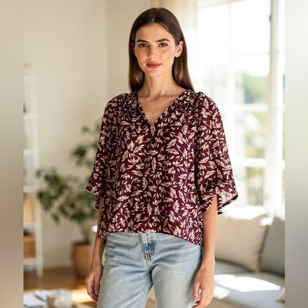 Madewell Burgundy & Cream Floral V-Neck Flutter Sleeve Blouse